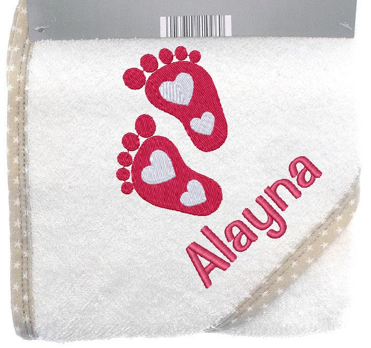 Personalised Baby Hooded Bath Towel Shower Announcement with baby feet 75x75cm