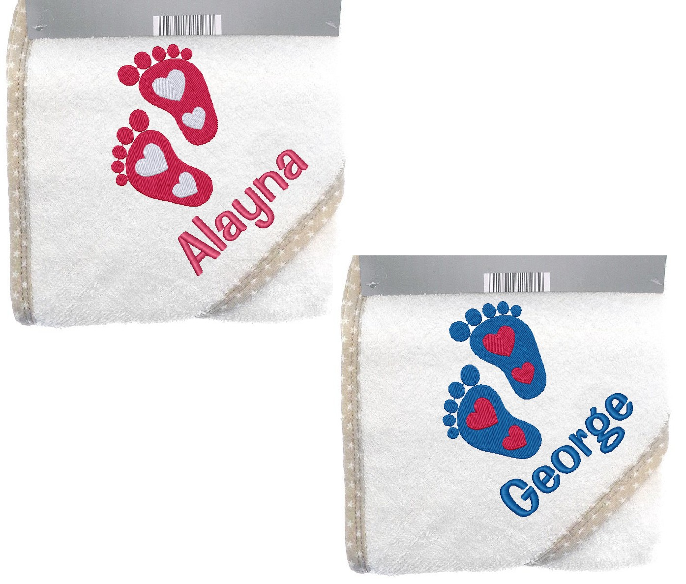 Personalised Baby Hooded Bath Towel Shower Announcement with baby feet 75x75cm